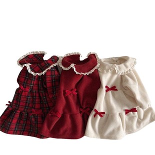 Korean Style Autumn and Winter New Sweet Bow Lace dress Children's Western Style Plaid Cute Lapel Princess Dress