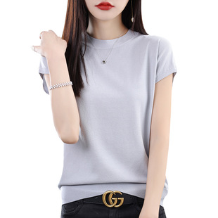 Ice Silk short-sleeved T-shirt women's half-high round neck sleeve knitted top short loose slimming versatile sleeveless bottoming shirt