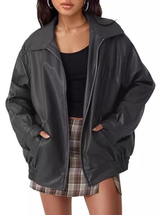 Cross-border Amazon 2024 Women's Autumn and Winter Solid Color Lapel Leather Coat European and American Motorcycle Style Zipper Pocket Jacket