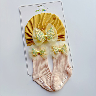 New Spring and Autumn Solid Color Dovetail Knot European and American Baby Socks Bow Princess Cute Baby Socks Hat Set