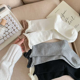 Double Rakou Grey Socks Women's Medium Socks Early Autumn Cotton Ins Trendy Contrast Color Curled Stacking Socks Boneless Women's Medium Socks
