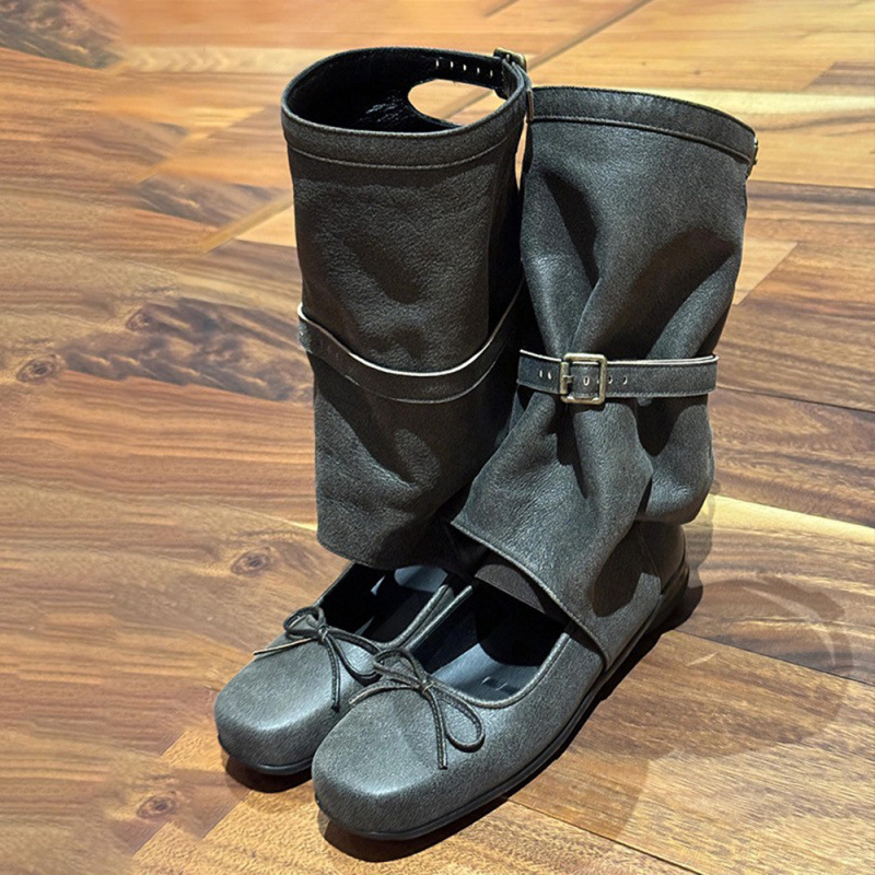2026 Autumn Retro Square-Toe Bowknot Ballet Boots Hollow Out Mid-Calf Boots Thick-Soled Western Boots Short Boots for Women