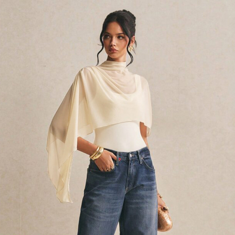 C26BS153 European and American style women's summer new solid color sexy sleeveless asymmetrical shawl mesh slim bodysuit