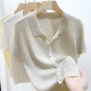 Thin Collar Knitted Sweater Women's Summer Elegant Slim-fit Short-sleeved Small Solid Color All-match Short Cardigan Top