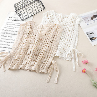 Real shot hollow-out knitted blouse top loose retro lace shawl short waistcoat Chanel vest for women Summer