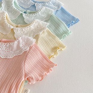 Girls' Korean T-shirt 2025 New Summer Children's Lace Collar Short-sleeved Summer Baby's Western-style Wood-ear Top