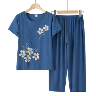 Grandma's Summer Suit Printed Old Women's Mother Short-sleeved Cotton Linen Loose Old People's Summer Clothes Two-piece Set
