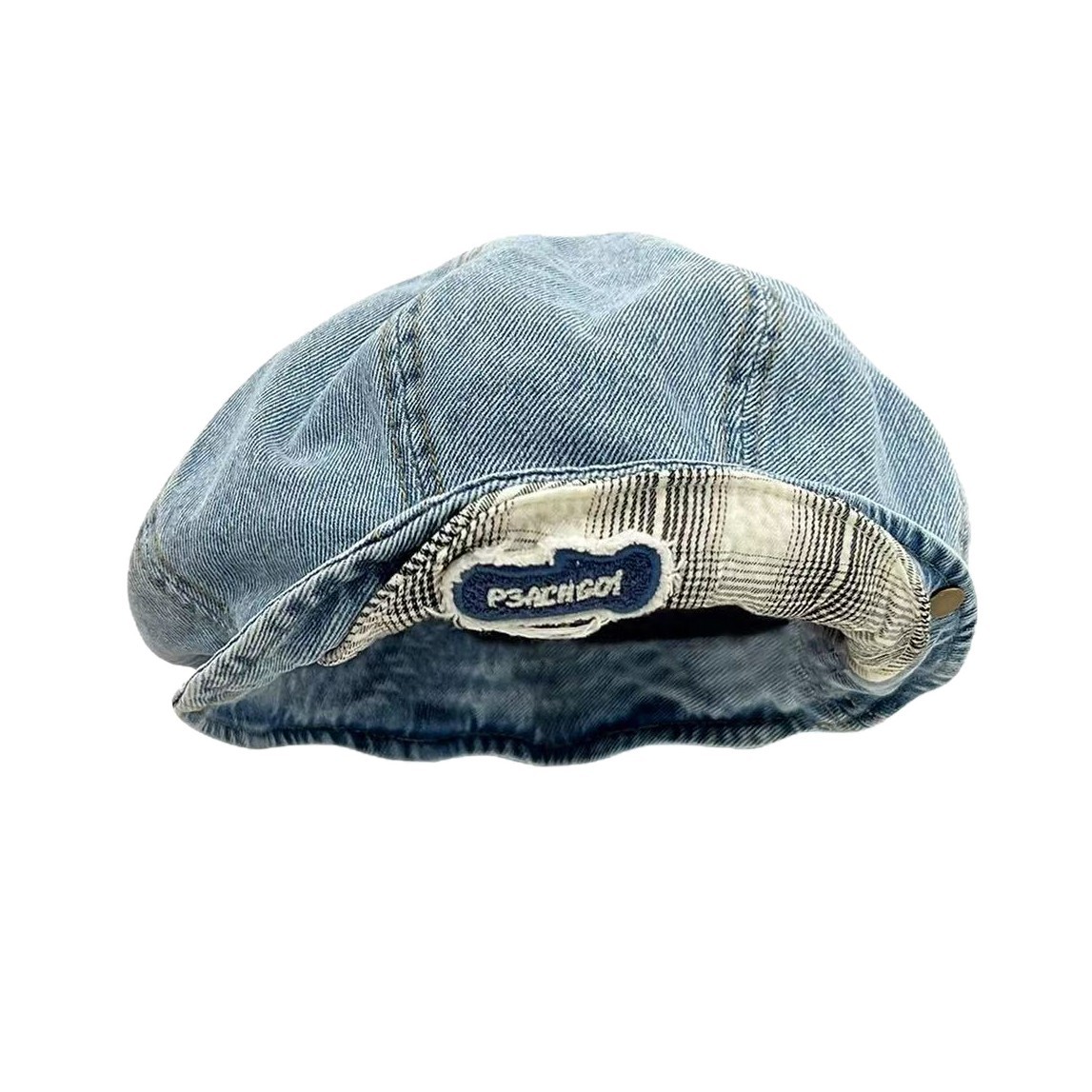 Plaid Flip-Brim Denim Beret for Women, Spring and Summer Korean Style Versatile Large Head Circumference Octagonal Hat, Face-Slimming Artist Hat