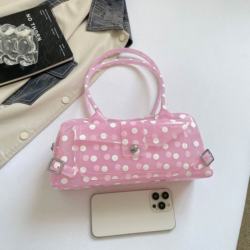 Trendy polka dot jelly bag, new summer 2026 style, versatile tote bag, fashionable polka dot transparent large capacity handbag.
