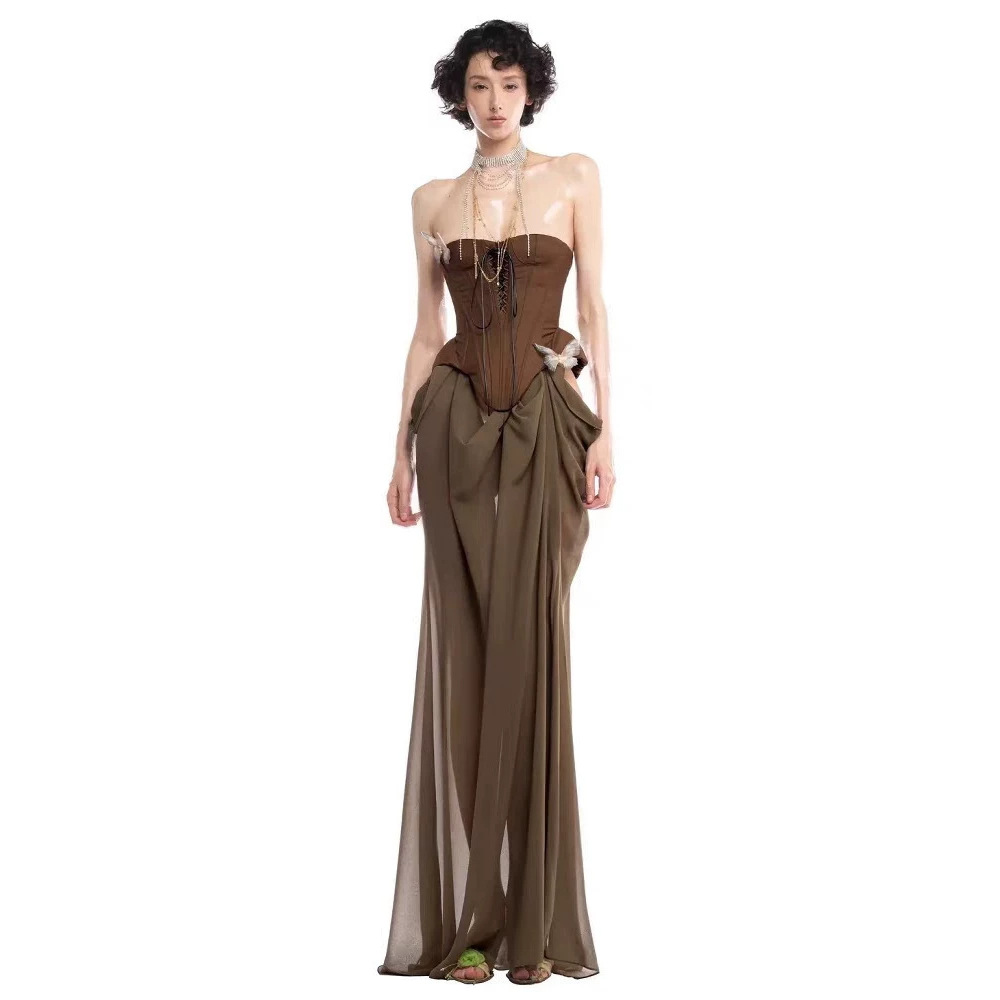 Cross-Border European and American Retro Sexy Strapless Corset Dress with Fishbone Design, Slimming Effect, Elegant Long Dress with a High-End Feel