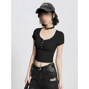 American Retro Cool Button Short-Sleeve T-Shirt for Women, Niche Summer New Slim-Fit Short Top Trendy