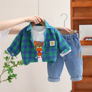 Бесплатная доставка Yikids для мальчиков весна и осень Детская одежда для мальчиков в клетку рубашка куртка повседневный набор из трех частей