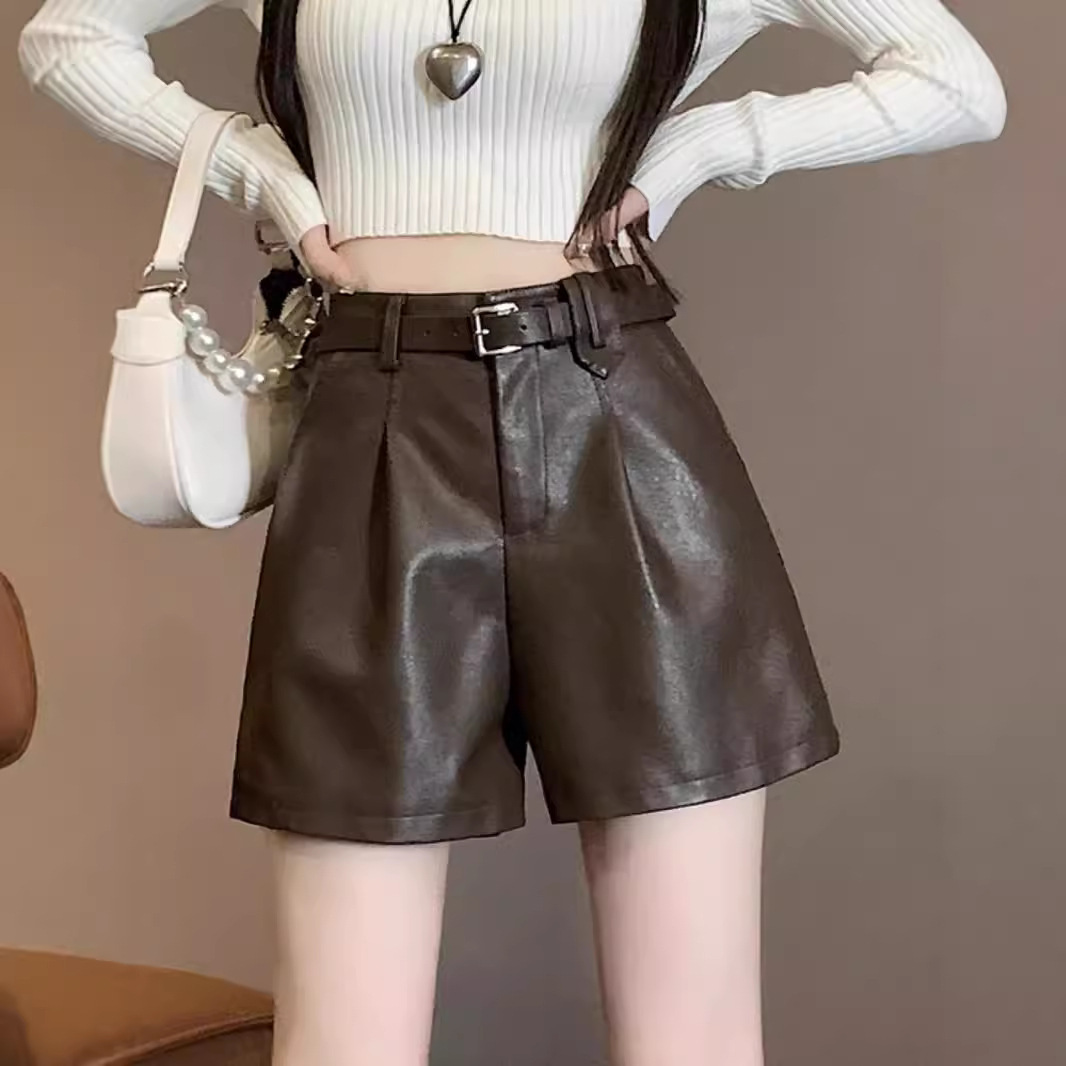 PU Leather High Waist Shorts Women's Autumn and Winter 2024 New Wide Leg A- Shaped Casual Slimming Black Loose Base Boots Pants