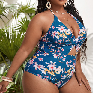 2024 new AliExpress European and American condole belt printing beach hot spring swimsuit female fat sister bikini plus size swimsuit