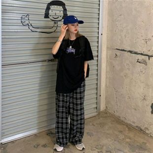 Drop-down Plaid wide-leg pants women's summer slimming versatile Korean style high waist draping loose straight mop casual pants