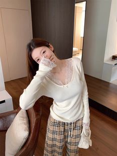 Pure Desire Design Sense Chic Lace Stitching Base Shirt Women's Spring and Autumn Slim-fit All-match Elegant Long-sleeved Sweater Top
