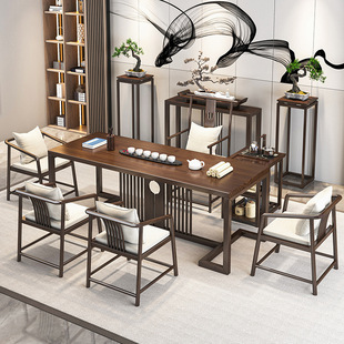 New Chinese Style Solid Wood Tea Table Full Set Household Log Large Board Tea Table Office Tea Table and Chair Living Room Negotiation Tea Table