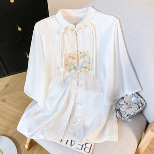 New Chinese Style National Style Embroidered Short-sleeved Shirt Dark Flower Satin Vertical Collar Buckle Improved Hanfu Top Southeast Asia