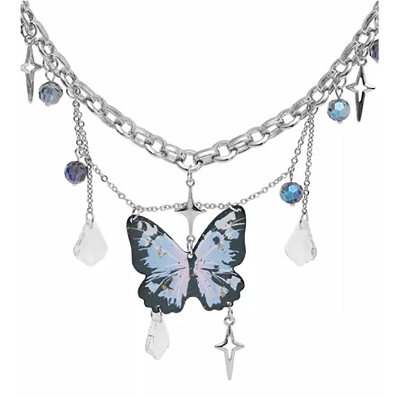 Fashion Blue Butterfly Tassel Necklace Ins Style Niche Design Mori Y2K New Style Chain Spice Girls Clavicle Chain for Women