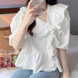 2024 New Arrival French Style Small Shirt Irregular Ruffled Short-Sleeved Top Women's Summer Western Style Slimming All-Match Shirt Women's