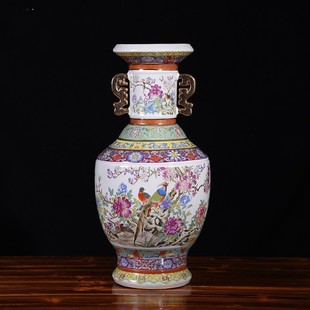 Qianlong Year-made gold-painted enamel binaural flower and bird vase porcelain king floor vase porch decorative crafts collection
