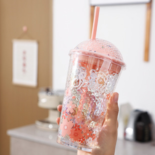 Cherry Blossom Glass Starry Sky Cup Creative Cute Suction Cup Household Water Cup Fruit Juice Milk Beverage Cup Student Water Cup