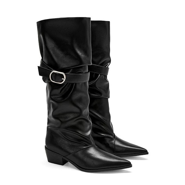 Ruth's Same Style~Unique Design Pointed-Toe Ruched Stacked Boots 2026 New Model Belt Buckle Long Boots High-Tube Riding Boots