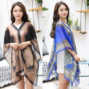 Varied Silk Scarf Chiffon Scarf Two-piece Pearl Buckle Live Internet Celebrity Explosions Multi-functional Cashew Flower Sunscreen Shawl