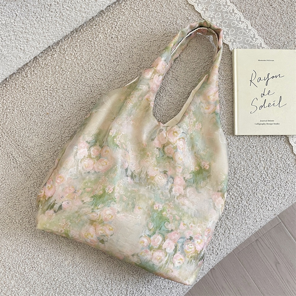 5381 New Chinese Retro Oil Painting Rose Tote Bag, Large Capacity, Relaxed Style, Shoulder Bag, Commuter/Student Canvas Bag