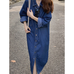 Denim Dress Women's Long-sleeved Shirt Skirt Long Skirt Autumn Korean-style Loose Slimming Elegant Long Over-the-knee Skirt