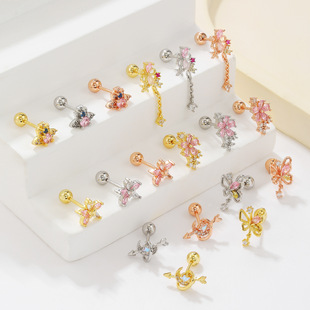 New Sparkling Pendant Earrings with Copper Gold-Plated Studs, High-End Girl Bowknot Flower Zircon Saturn Earrings