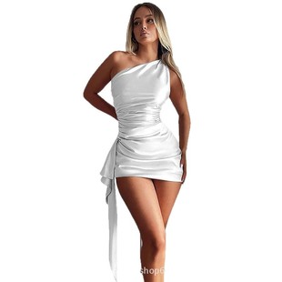 2025 European and American Cross-border New Summer Fashion Sexy Bandage Elegant Slant Shoulder Slim-fit Waist Sleeveless dress Women