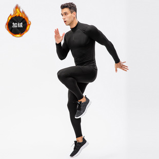 Men's Fall/Winter Velvet Fitness Suit Zipper Wear Long Sleeve Tight Training Pants Two-Piece 11517+11326
