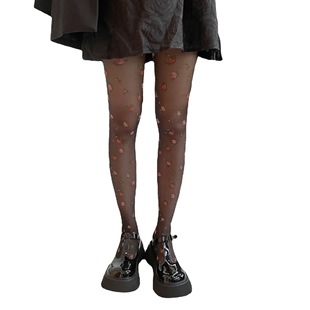Spring and summer new sweet cool flocking jacquard black silk small floral slimming base stockings fashionable socks hot girls thin pantyhose