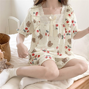 Ins Princess Style Bubble Cotton Pajamas Women's Short-sleeved Square Collar Lace Edge Summer Cute Girl's Loose Live suit
