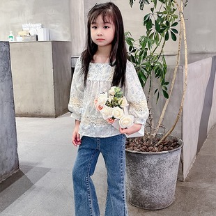 Girls' all-match shirt 2023 Autumn New style children's French fashion casual lace floral shirt fashion