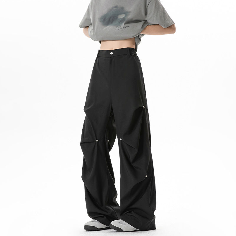 American Retro Rivet Workwear Pleated Trousers with a High-End Feel, Ice Silk Dress Pants for Men, Summer Casual Pants with a Relaxed Style