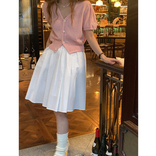 Homemade Mustard High Waist light blue Pleated Skirt Women's Autumn and Winter Skirt Loose A- line Skirt Design Sense Elegant Skirt