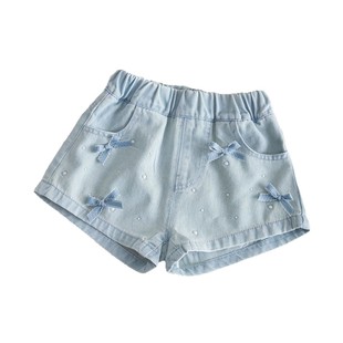2025 Summer New Korean Style Small Middle-school Girls Stylish Bow Baby Denim Shorts Fashionable All-match Children's Pants