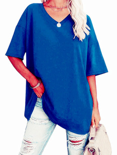 Amazon Independent Station Cross-border Foreign Trade European and American Women's 2024 Summer New V-neck Solid Color Loose Short-sleeved T-shirt Women