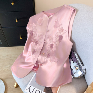 New 2025 new new Chinese style nail bead heavy industry embroidery vest purple pink European and American polyester