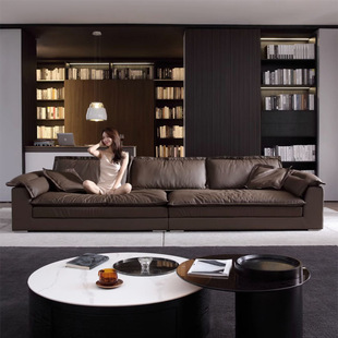 Leather sofa Italian minimalist super wide large sitting deep three-seat sofa living room sailing sofa lazy straight row sofa