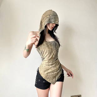 European and American foreign trade women's clothing wholesale waste soil wind shabby backless hooded irregular hem sleeveless vest jacket 2024