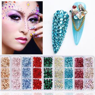 Nail drill flat bottom mixed color glass drill AB light powder champagne six box rhinestone nail stick drill nail jewelry wholesale
