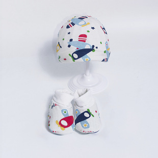 New Baby Cotton Hat Children's Ear Hat Foot Set Two-piece Baby Curl Knitted Hat Cotton Shoes suit
