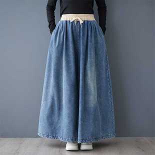 New Style Washed Jeans Wide Leg Pants Cotton Pants Women's Retro Loose Large Size Elastic Waist Lace up Pants Skirt Trendy