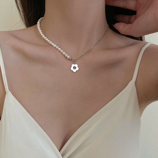 European and American cross-border geometric imitation pearl necklace female ins hip hop titanium steel flower square multi-layer stacked necklace necklace