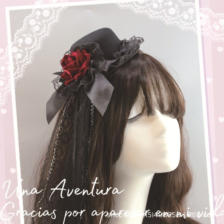 European-style Lolita Classic Dark Lace Pearl Bow Ribbon Small Top Hat Ball Tea Party