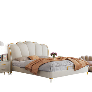 Simple Leather Bed Cream Style Soft Bag Cat Scratch Leather Soft Bed 1.8 m Double Bed Girl's Bed 1.5 Storage Bed Petal Bed