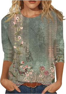 Spring and Summer 2025 New Amazon Cross-border Women's Fashion Printed Seven-point Sleeve Loose Round Neck Casual T-shirt Top